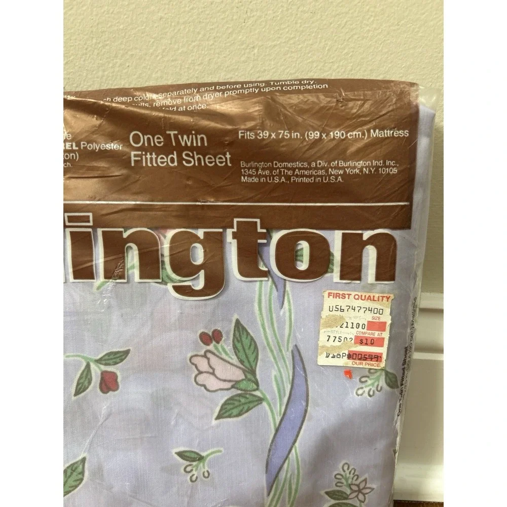 Vintage Burlington Caress Floral Fitted Twin Sheet Periwinkle Bouquet Ribbon New